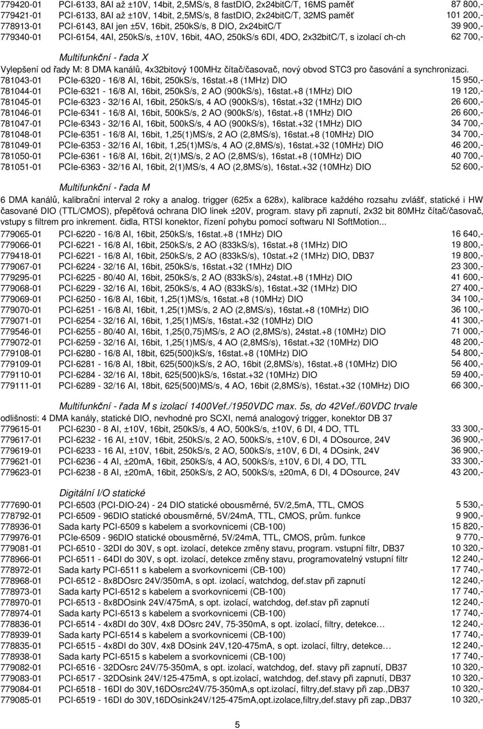 Vylepšení od řady M: 8 DMA kanálů, 4x32bitový 100MHz čítač/časovač, nový obvod STC3 pro časování a synchronizaci. 781043-01 PCIe-6320-16/8 AI, 16bit, 250kS/s, 16stat.