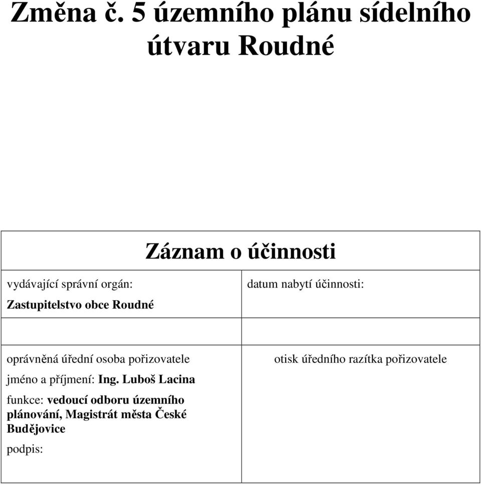 orgán: Zastupitelstvo obce Roudné datum nabytí účinnosti: oprávněná úřední osoba