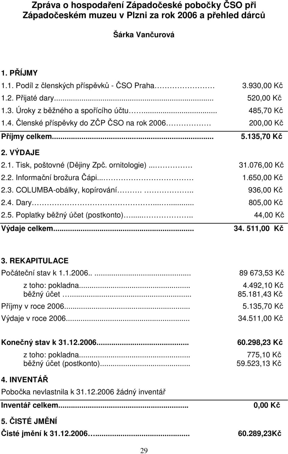 ornitologie)... 31.076,00 Kč 2.2. Informační brožura Čápi... 1.650,00 Kč 2.3. COLUMBA-obálky, kopírování... 936,00 Kč 2.4. Dary...... 805,00 Kč 2.5. Poplatky běžný účet (postkonto).