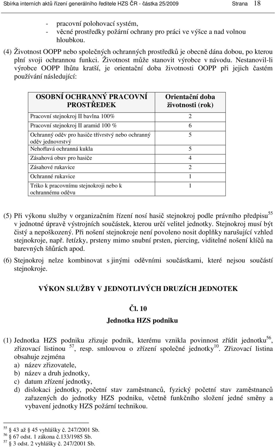 Nestanovil-li výrobce OOPP lhůtu kratší, je orientační doba životnosti OOPP při jejich častém používání následující: OSOBNÍ OCHRANNÝ PRACOVNÍ PROSTŘEDEK Orientační doba životnosti (rok) Pracovní