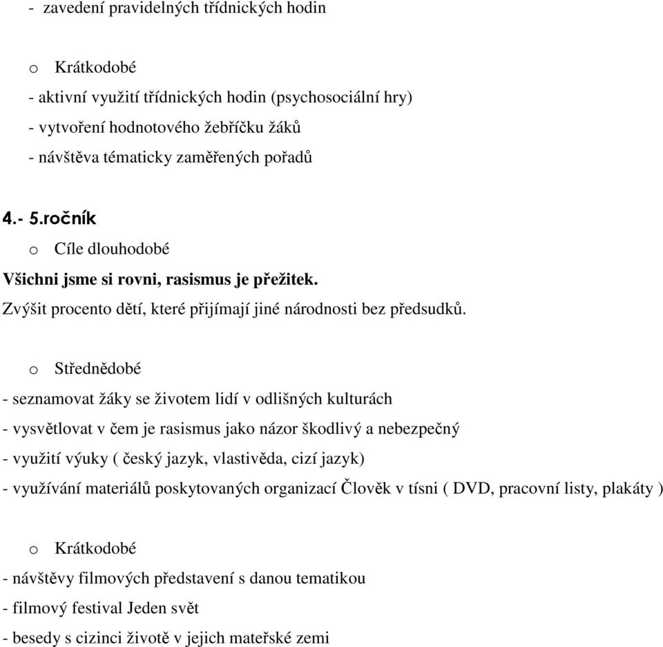 o Střednědobé - seznamovat žáky se životem lidí v odlišných kulturách - vysvětlovat v čem je rasismus jako názor škodlivý a nebezpečný - využití výuky ( český jazyk, vlastivěda, cizí jazyk)