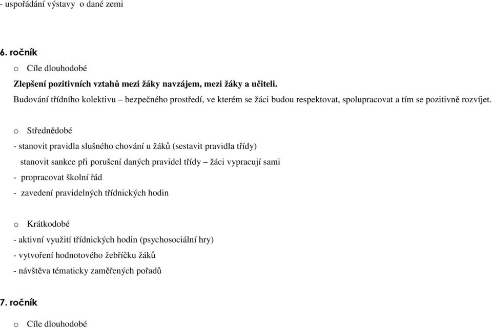 o Střednědobé - stanovit pravidla slušného chování u žáků (sestavit pravidla třídy) stanovit sankce při porušení daných pravidel třídy žáci vypracují sami -