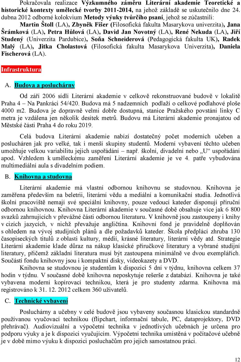 David Jan Novotný (LA), René Nekuda (LA), Jiří Studený (Univerzita Pardubice), Soňa Schneiderová (Pedagogická fakulta UK), Radek Malý (LA), Jitka Cholastová (Filosofická fakulta Masarykova