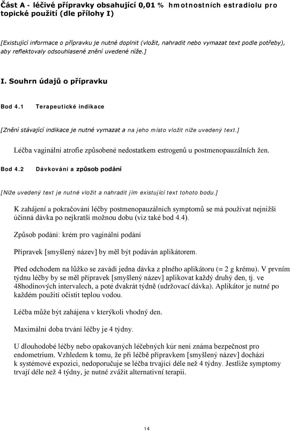 1 Terapeutické indikace [Znění stávající indikace je nutné vymazat a na jeho místo vložit níže uvedený text.] Léčba vaginální atrofie způsobené nedostatkem estrogenů u postmenopauzálních žen. Bod 4.