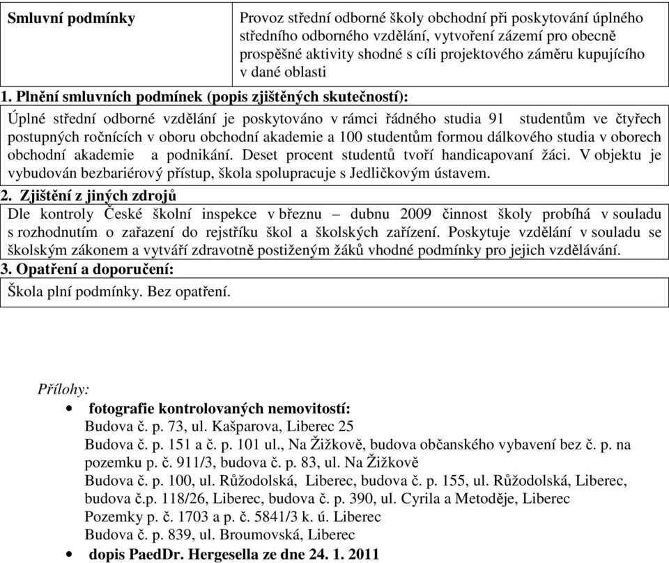 Plnění smluvních podmínek (popis zjištěných skutečností): Úplné střední odborné vzdělání je poskytováno v rámci řádného studia 91 studentům ve čtyřech postupných ročnících v oboru obchodní akademie a