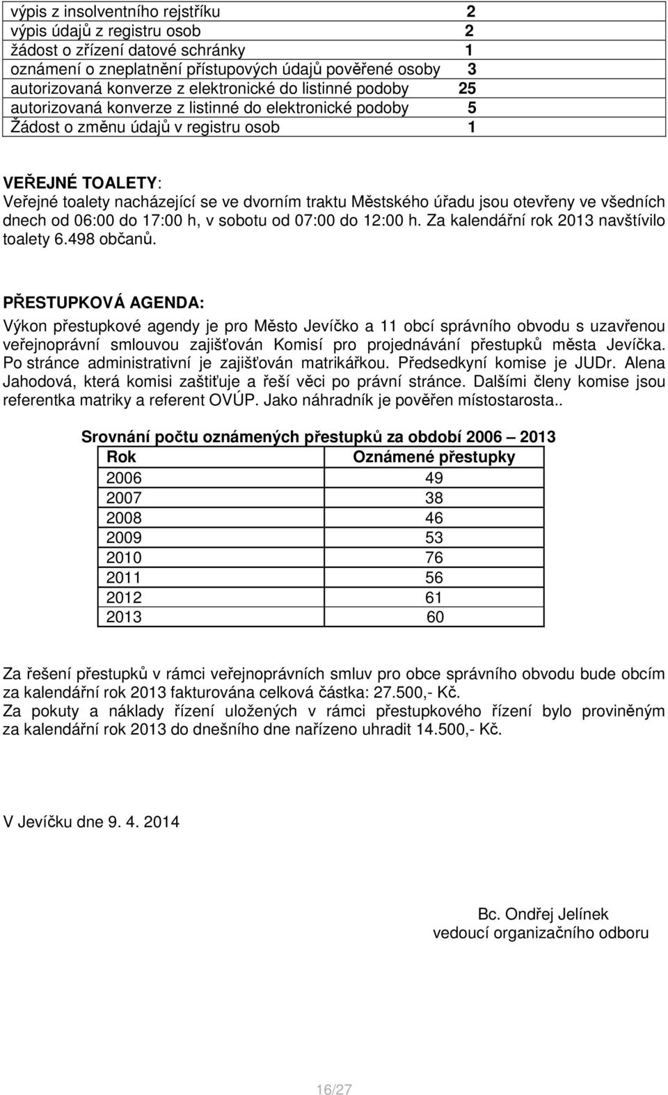 jsou otevřeny ve všedních dnech od 06:00 do 17:00 h, v sobotu od 07:00 do 12:00 h. Za kalendářní rok 2013 navštívilo toalety 6.498 občanů.