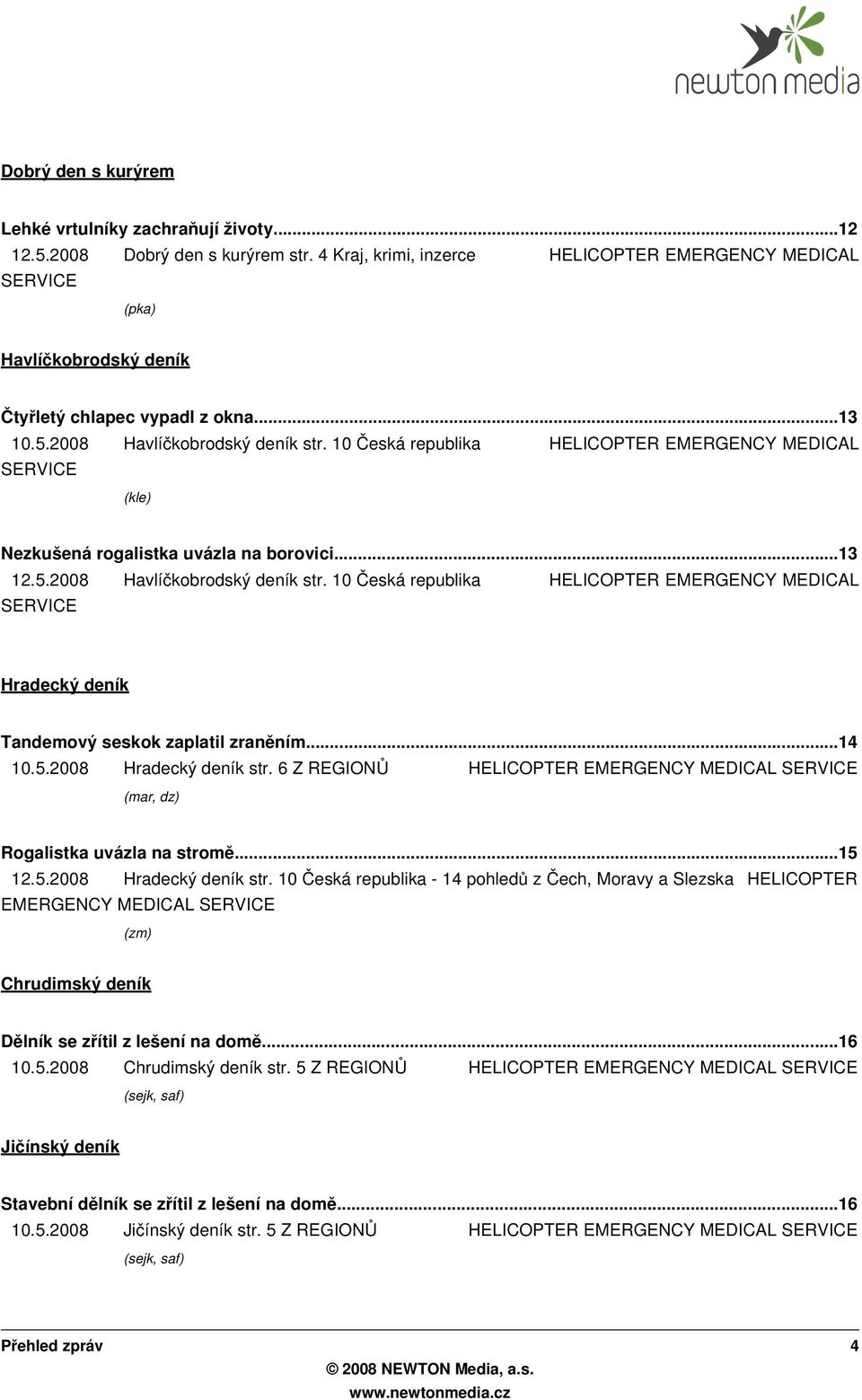 10 Česká republika HELICOPTER EMERGENCY MEDICAL SERVICE Nezkušená rogalistka uvázla na borovici...13 12.5.2008 Havlíčkobrodský deník str.