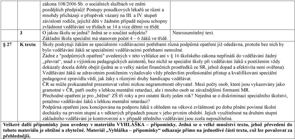 Nesrozumitelný text. Základní škola speciální má stanoven počet 4 6 žáků ve třídě.