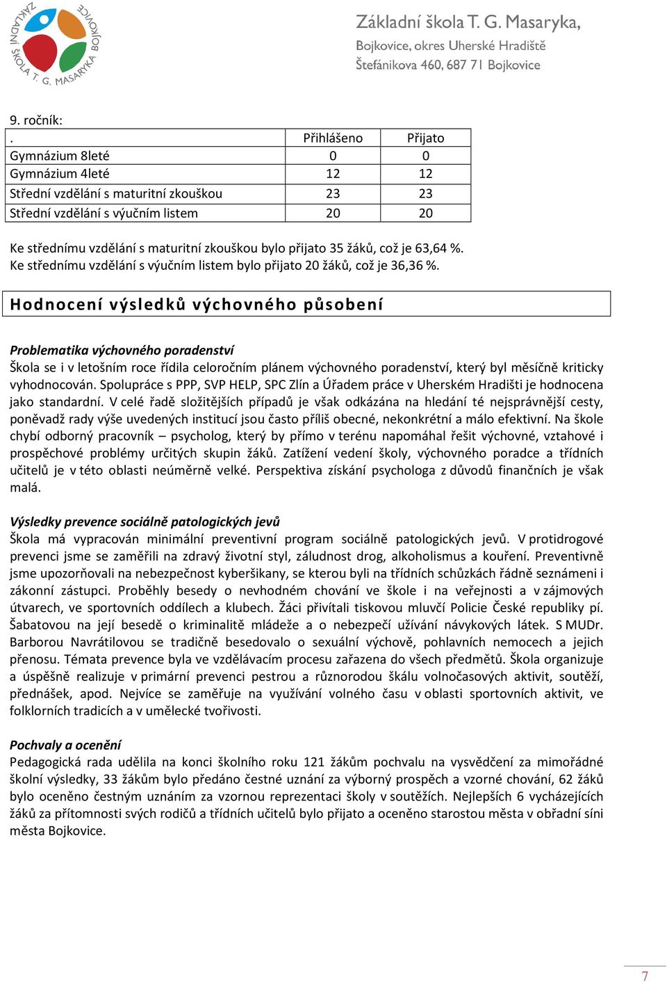 přijato 35 žáků, což je 63,64 %. Ke střednímu vzdělání s výučním listem bylo přijato 20 žáků, což je 36,36 %.