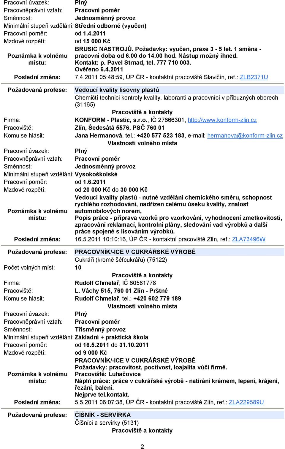 : ZLB2371U Požadovaná profese: Vedoucí kvality lisovny plastů Chemičtí technici kontroly kvality, laboranti a pracovníci v příbuzných oborech (31165) KONFORM - Plastic, s.r.o., IČ 27666301, http://www.