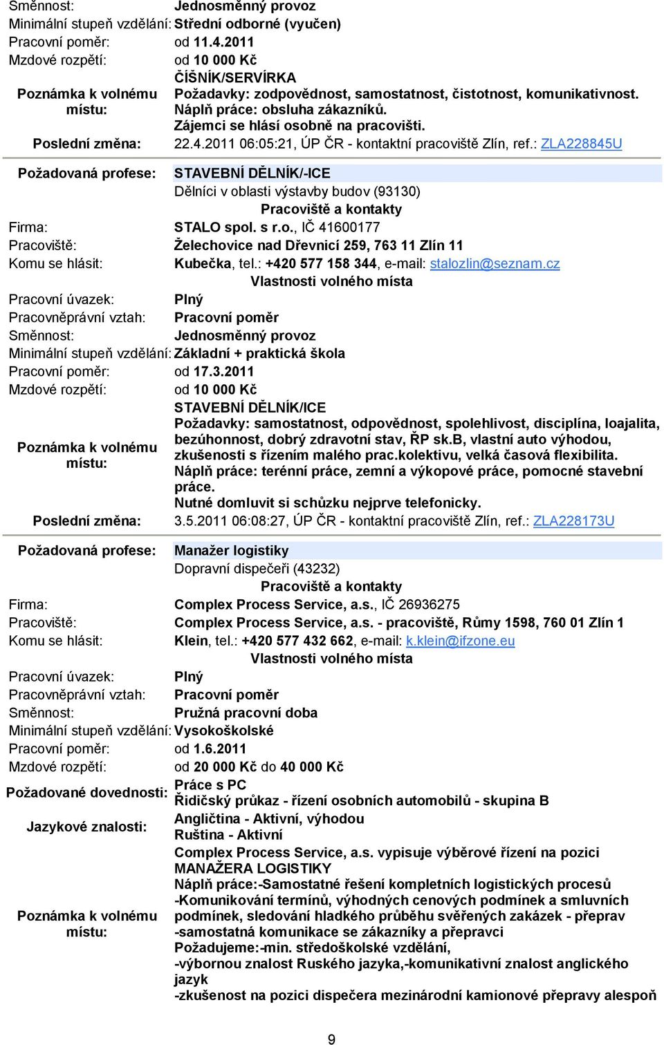 : ZLA228845U Požadovaná profese: STAVEBNÍ DĚLNÍK/-ICE Dělníci v oblasti výstavby budov (93130) STALO spol. s r.o., IČ 41600177 Želechovice nad Dřevnicí 259, 763 11 Zlín 11 Kubečka, tel.