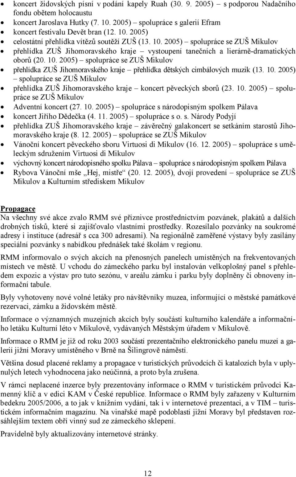 10. 2005) spolupráce se ZUŠ Mikulov přehlídka ZUŠ Jihomoravského kraje přehlídka dětských cimbálových muzik (13. 10.