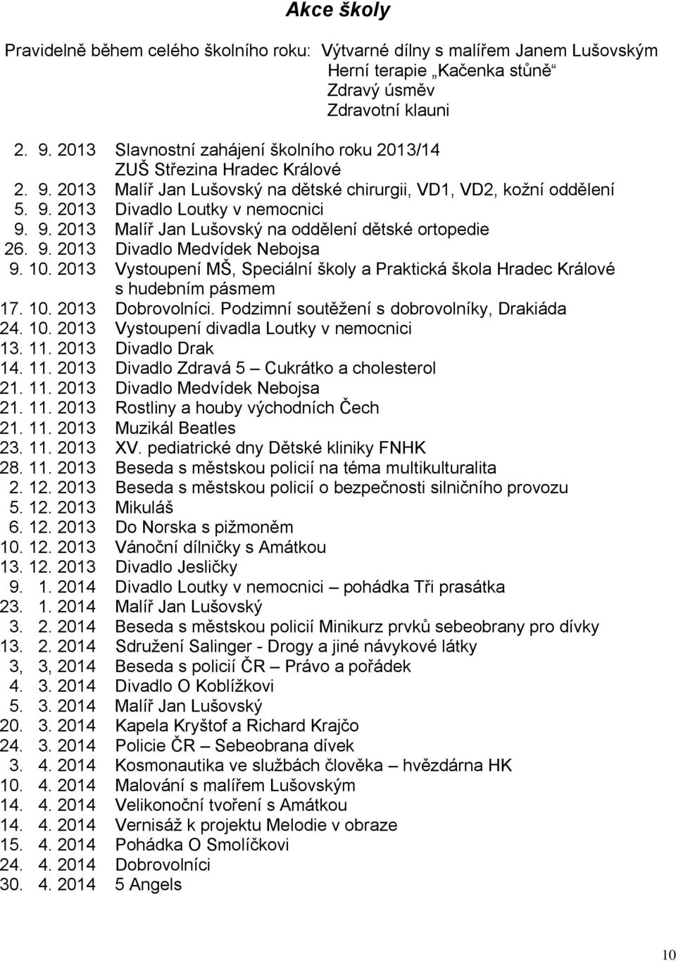 9. 2013 Divadlo Medvídek Nebojsa 9. 10. 2013 Vystoupení MŠ, Speciální školy a Praktická škola Hradec Králové s hudebním pásmem 17. 10. 2013 Dobrovolníci.