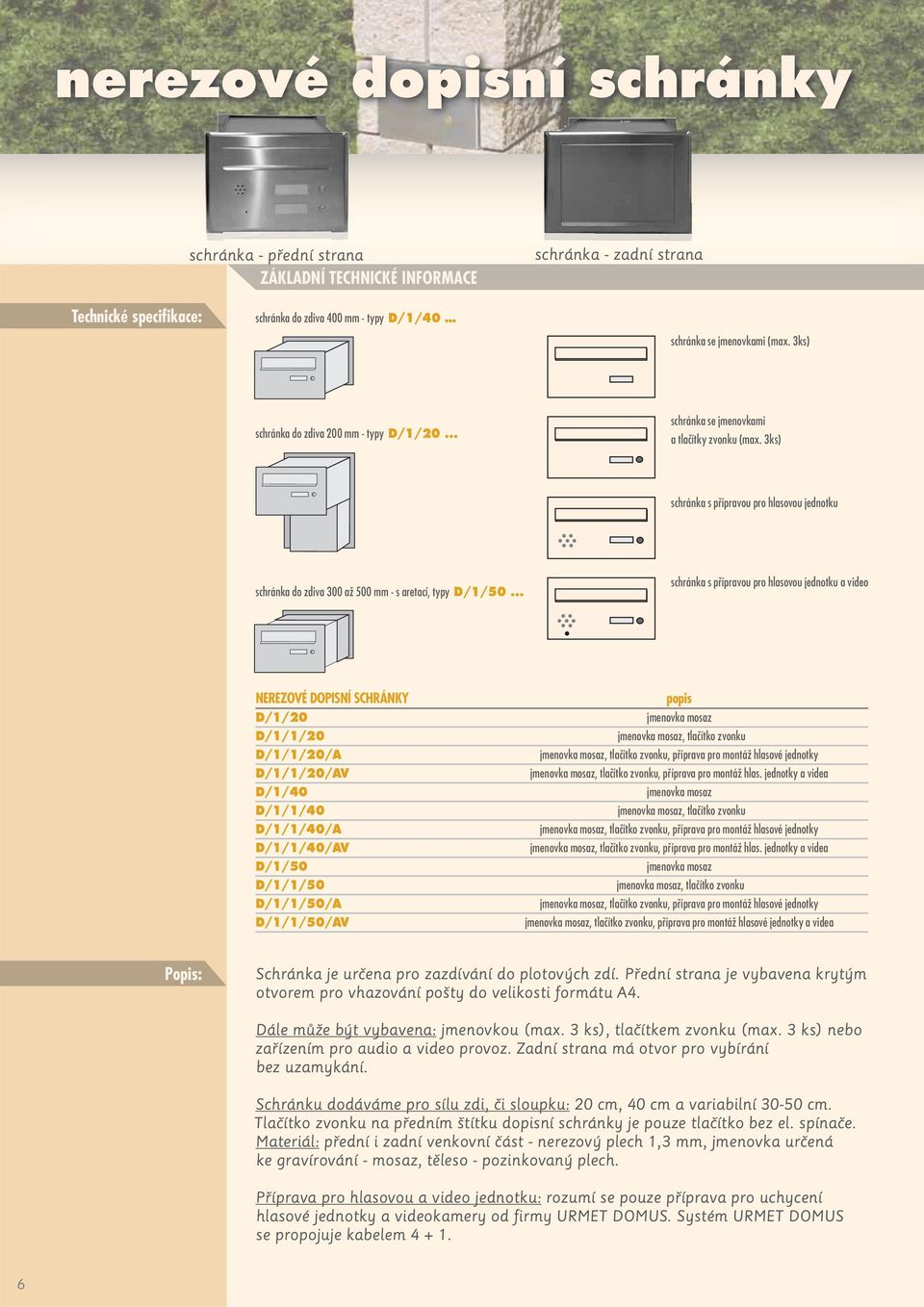 .. schránka s přípravou pro hlasovou jednotku a video NEREZOVÉ DOPISNÍ SCHRÁNKY D/1/20 D/1/1/20 D/1/1/20/A D/1/1/20/AV D/1/40 D/1/1/40 D/1/1/40/A D/1/1/40/AV D/1/50 D/1/1/50 D/1/1/50/A D/1/1/50/AV