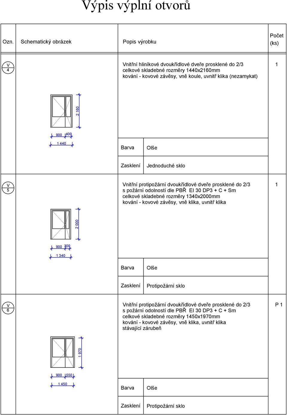 celkové skladebné rozměry 340x2000mm kování - kovové závěsy, vně klika, uvnitř klika 900 300 340 Protipožární sklo 6 nitřní protipožární dvoukřídlové dveře