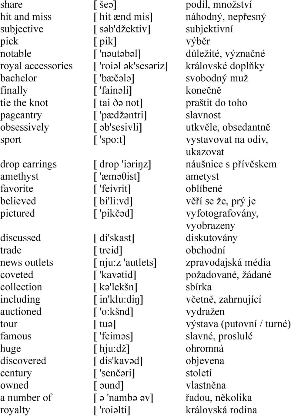 'fainəli] [ tai ðə not] [ 'pædžəntri] [ əb'sesivli] [ 'spo:t] [ drop 'iəriŋz] [ 'æməθist] [ 'feivrit] [ bi'li:vd] [ 'pikčəd] [ di'skast] [ treid] [ nju:z 'autlets] [ 'kavətid] [ kə'lekšn] [