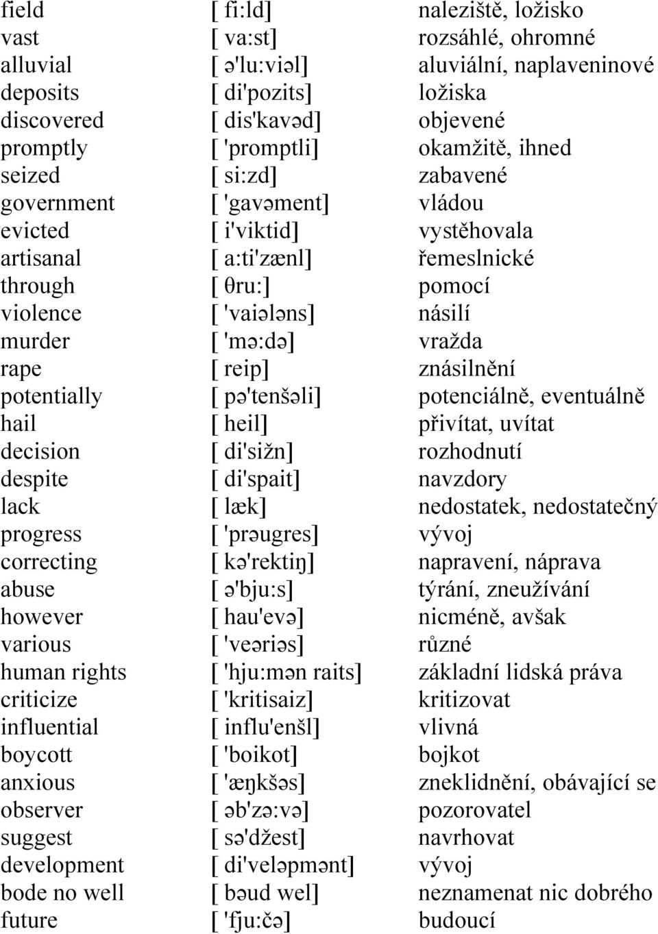 i'viktid] [ a:ti'zænl] [ θru:] [ 'vaiələns] [ 'mə:də] [ reip] [ pə'tenšəli] [ heil] [ di'sižn] [ di'spait] [ læk] [ 'prəugres] [ kə'rektiŋ] [ ə'bju:s] [ hau'evə] [ 'veəriəs] [ 'hju:mən raits] [