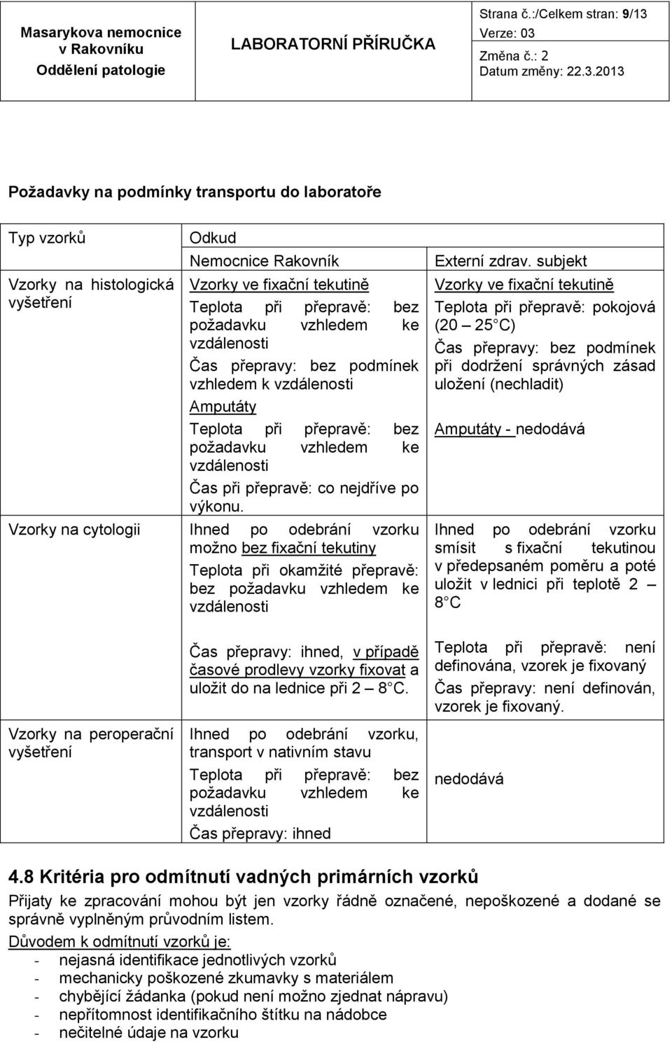 vzhledem ke vzdálenosti Čas přepravy: bez podmínek vzhledem k vzdálenosti Amputáty Teplota při přepravě: bez požadavku vzhledem ke vzdálenosti Čas při přepravě: co nejdříve po výkonu.