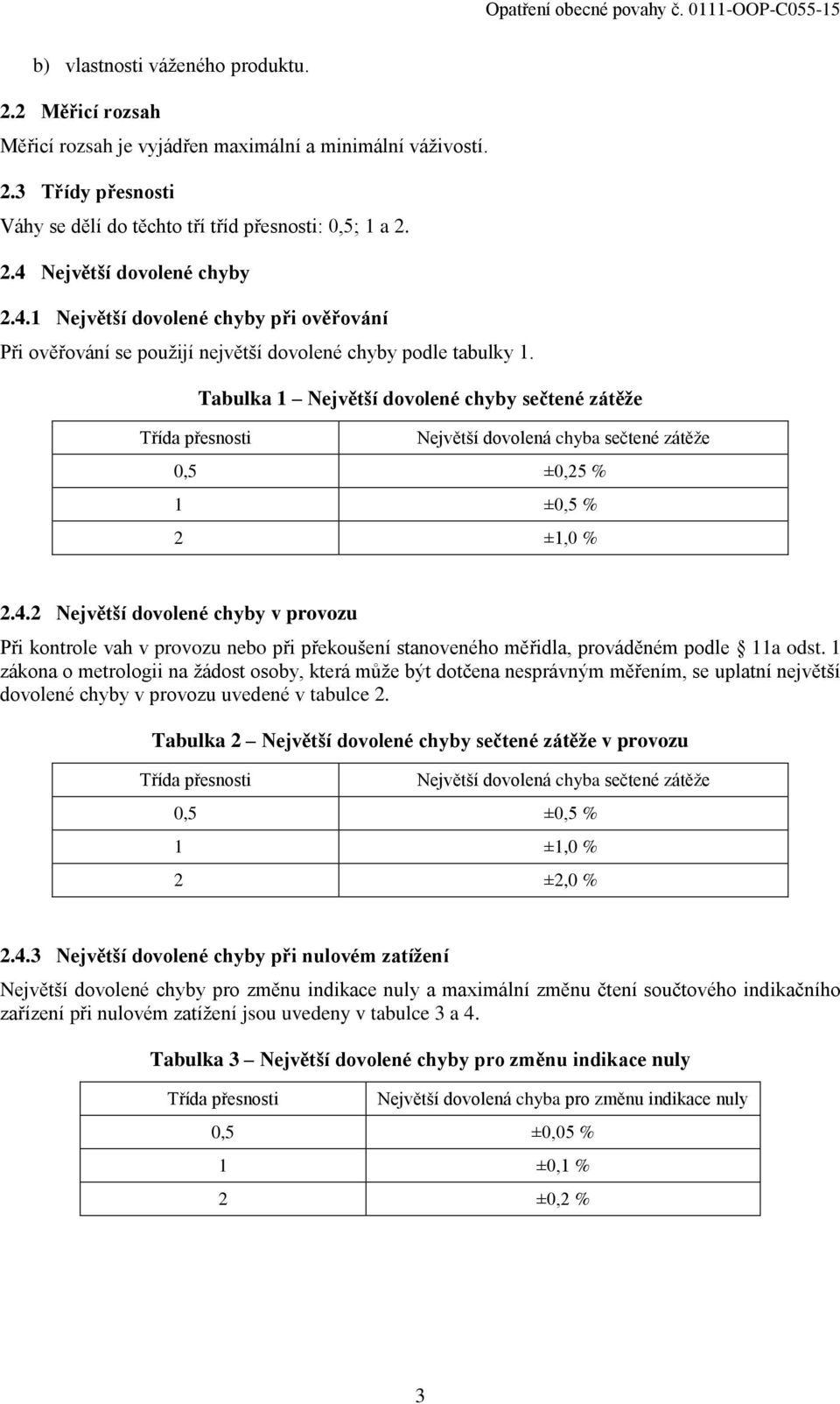 Tabulka 1 Největší dovolené chyby sečtené zátěže Největší dovolená chyba sečtené zátěže 0,5 ±0,25 % 1 ±0,5 % 2 ±1,0 % 2.4.