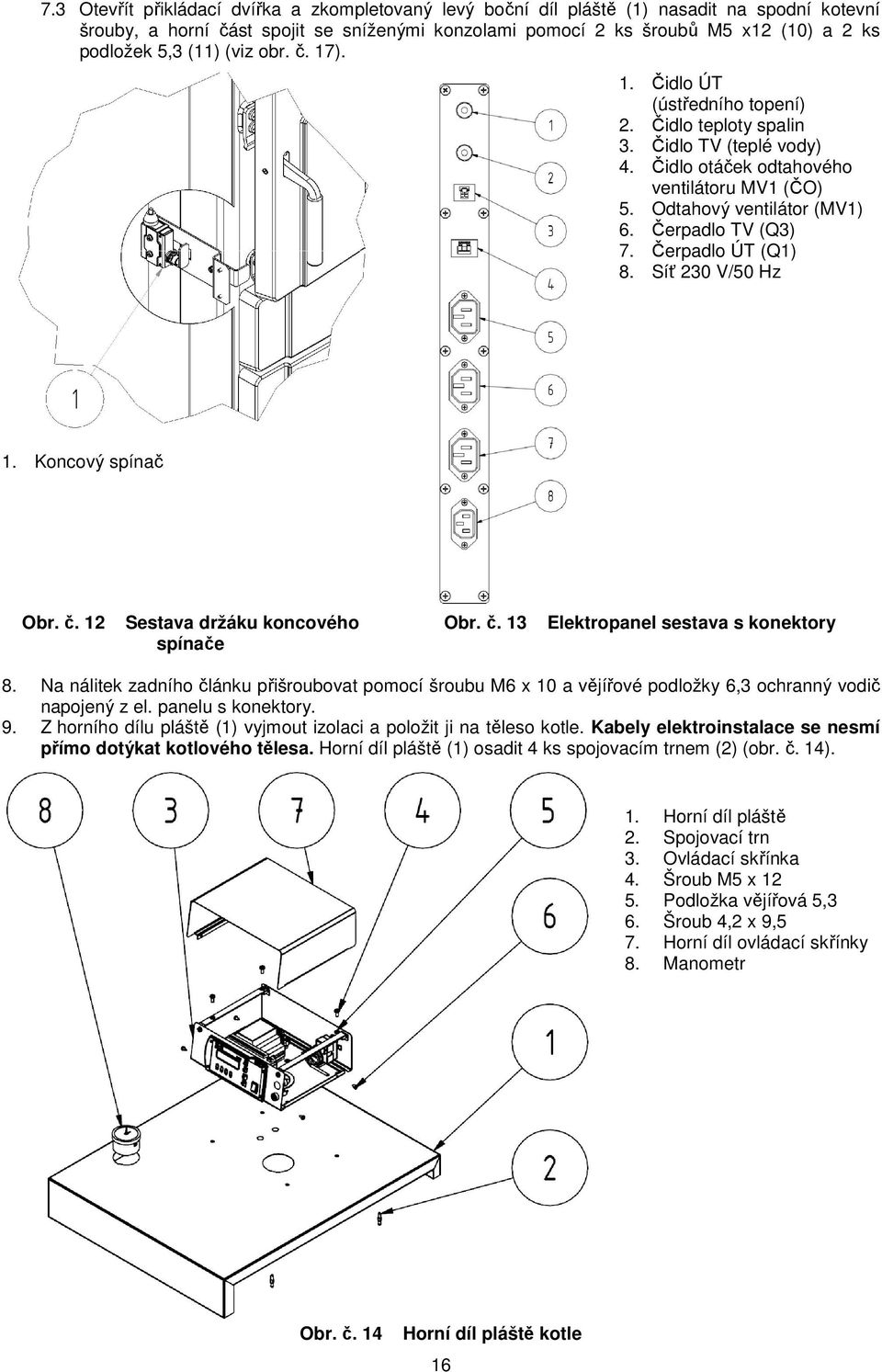Čerpadlo TV (Q3) 7. Čerpadlo ÚT (Q1) 8. Síť 230 V/50 Hz 1. Koncový spínač Obr. č. 12 Sestava držáku koncového spínače Obr. č. 13 Elektropanel sestava s konektory 8.
