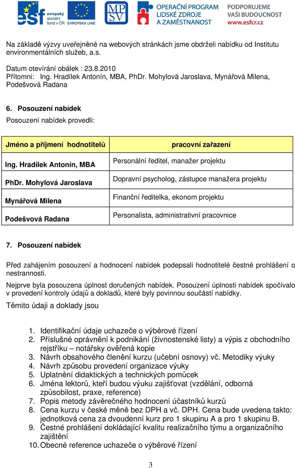 Mohylová Jaroslava Mynářová Milena Podešvová Radana pracovní zařazení Personální ředitel, manažer projektu Dopravní psycholog, zástupce manažera projektu Finanční ředitelka, ekonom projektu