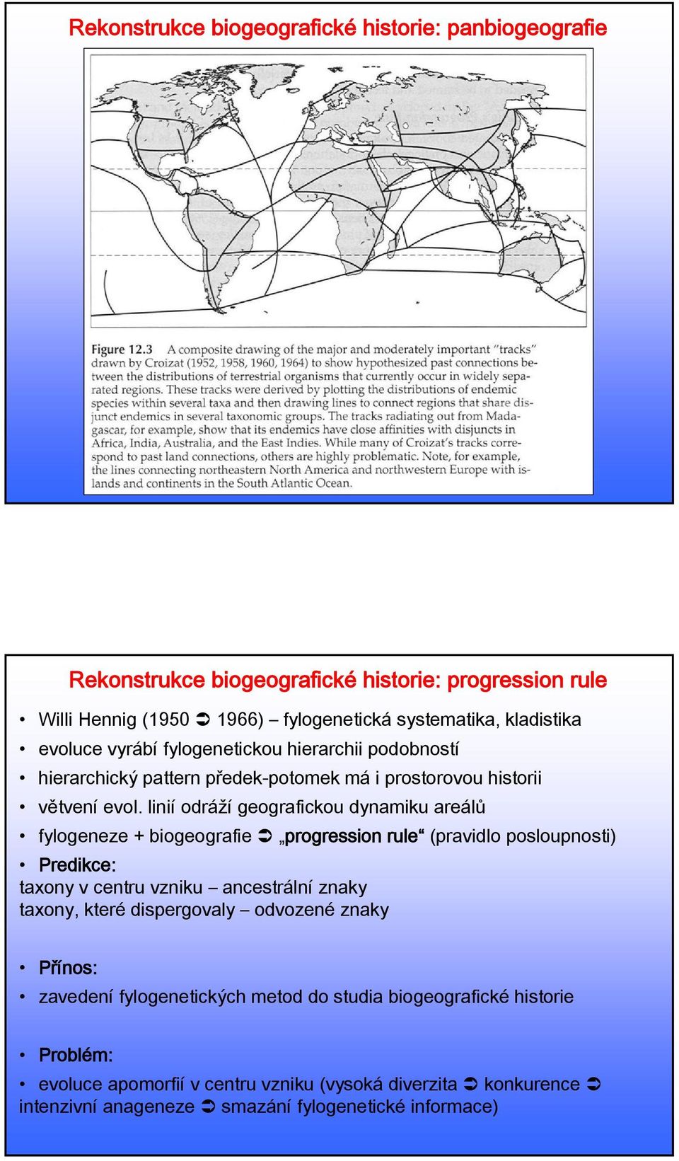 linií odráží geografickou dynamiku areálů fylogeneze + biogeografie progression rule (pravidlo posloupnosti) Predikce: taxony v centru vzniku ancestrální znaky taxony, které