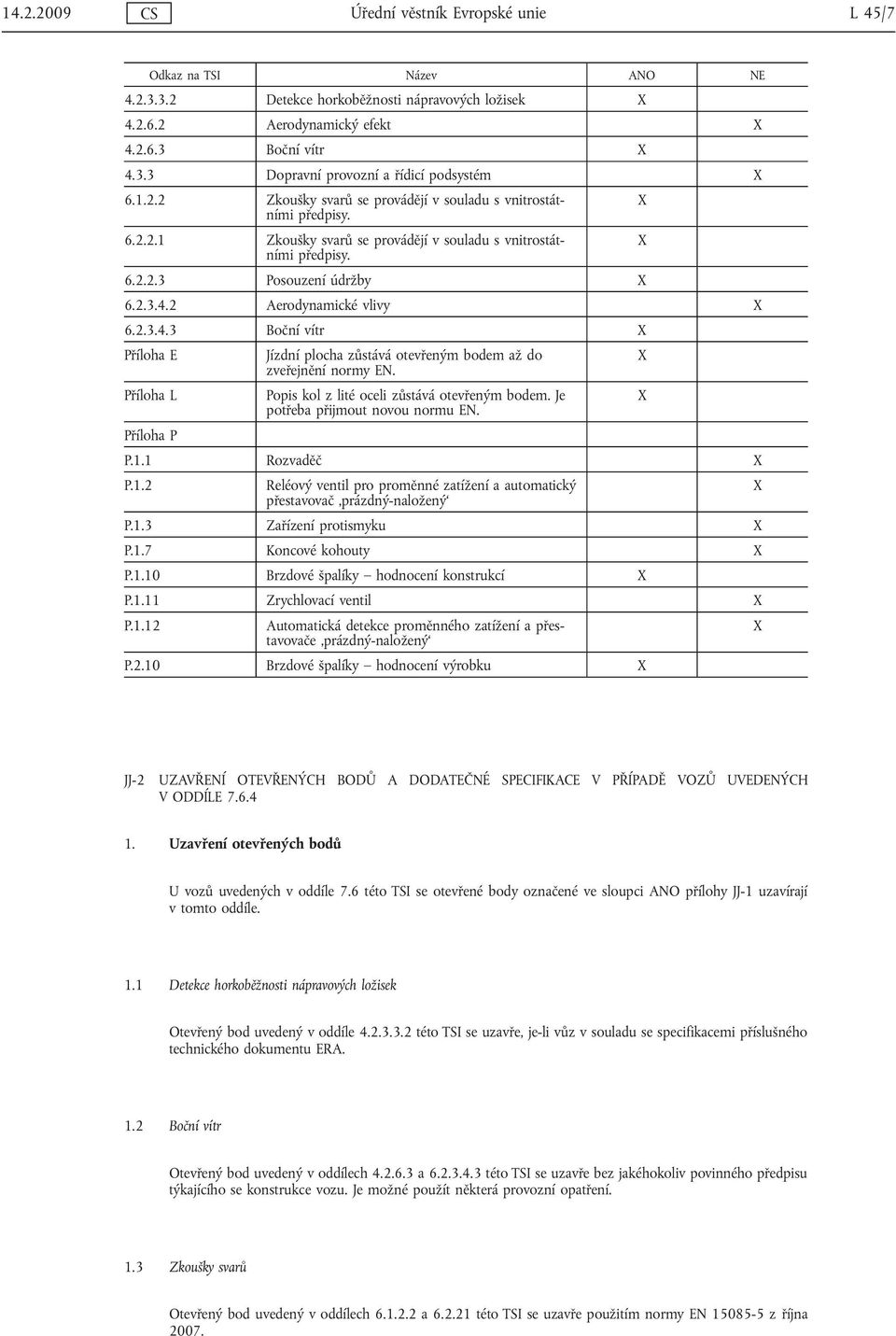 2 Aerodynamické vlivy X 6.2.3.4.3 Boční vítr X Příloha E Jízdní plocha zůstává otevřeným bodem až do X zveřejnění normy EN. Příloha L Popis kol z lité oceli zůstává otevřeným bodem.