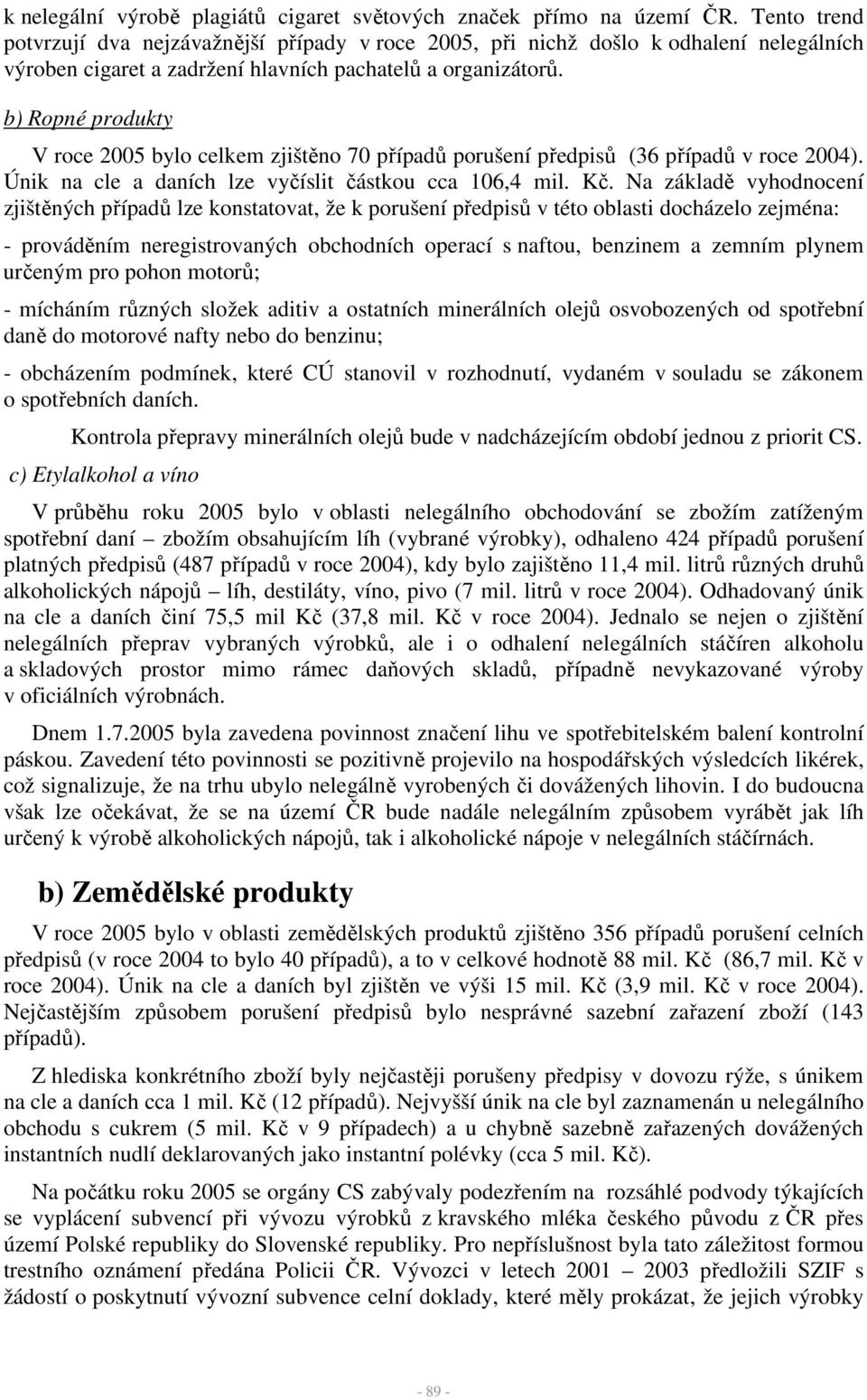 b) Ropné produkty V roce 2005 bylo celkem zjištěno 70 případů porušení předpisů (36 případů v roce 2004). Únik na cle a daních lze vyčíslit částkou cca 106,4 mil. Kč.