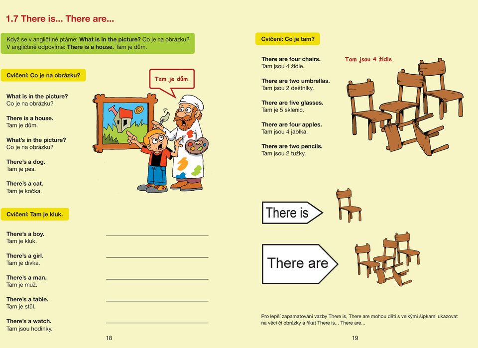 Tam je dům. There are four chairs. Tam jsou 4 židle. There are two umbrellas. Tam jsou 2 deštníky. There are five glasses. Tam je 5 sklenic. There are four apples. Tam jsou 4 jablka.