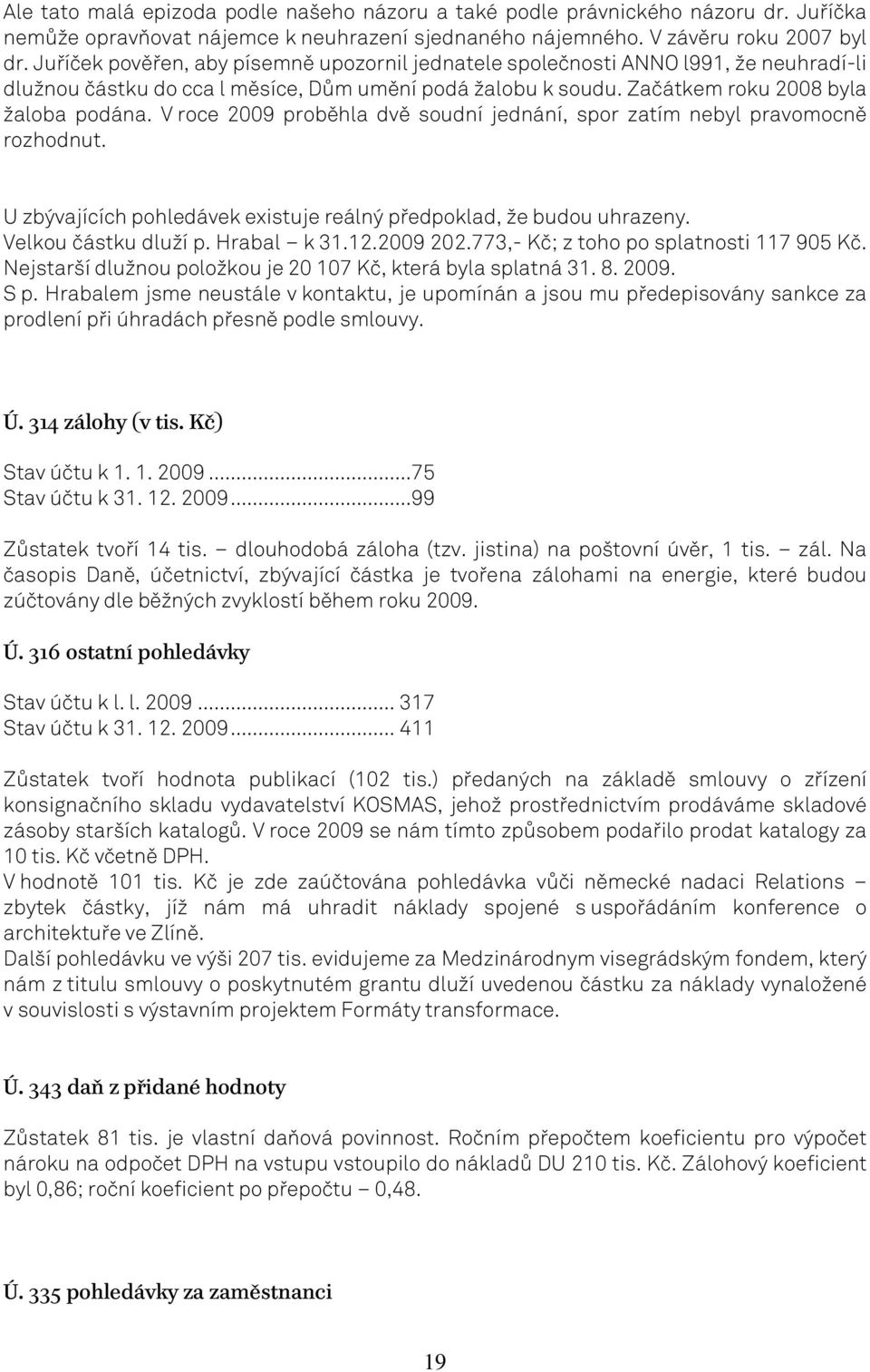 V roce 2009 proběhla dvě soudní jednání, spor zatím nebyl pravomocně rozhodnut. U zbývajících pohledávek existuje reálný předpoklad, že budou uhrazeny. Velkou částku dluží p. Hrabal k 31.12.2009 202.