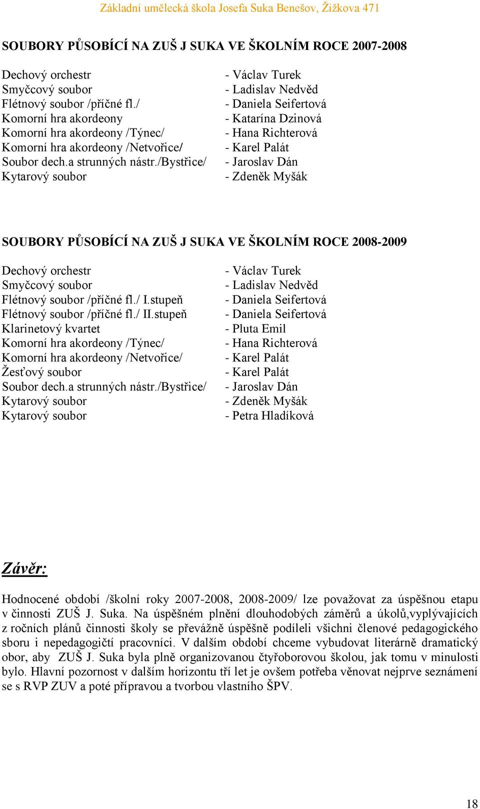 /bystřice/ Kytarový soubor - Václav Turek - Ladislav Nedvěd - Daniela Seifertová - Katarína Dzinová - Hana Richterová - Karel Palát - Jaroslav Dán - Zdeněk Myšák SOUBORY PŮSOBÍCÍ NA ZUŠ J SUKA VE