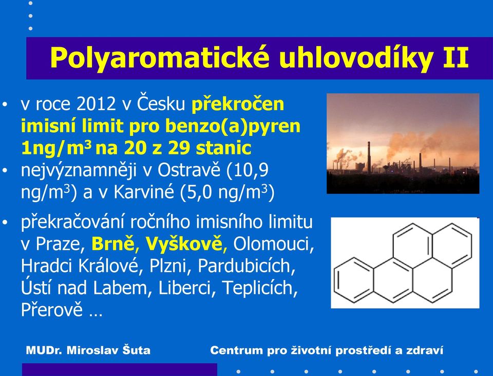 Karviné (5,0 ng/m 3 ) překračování ročního imisního limitu v Praze, Brně, Vyškově,