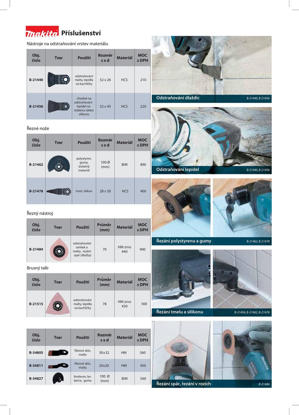 nástrj Tar Prumer B-21484 dstraňání mítek a malty, rezání spár (dlažby) 70 HM zrn #40 990 Rezání plystyrenu a gumy B-21462, B-21478 Brusný talír Tar Prumer B-21515 dstraňání malty, lepidla na