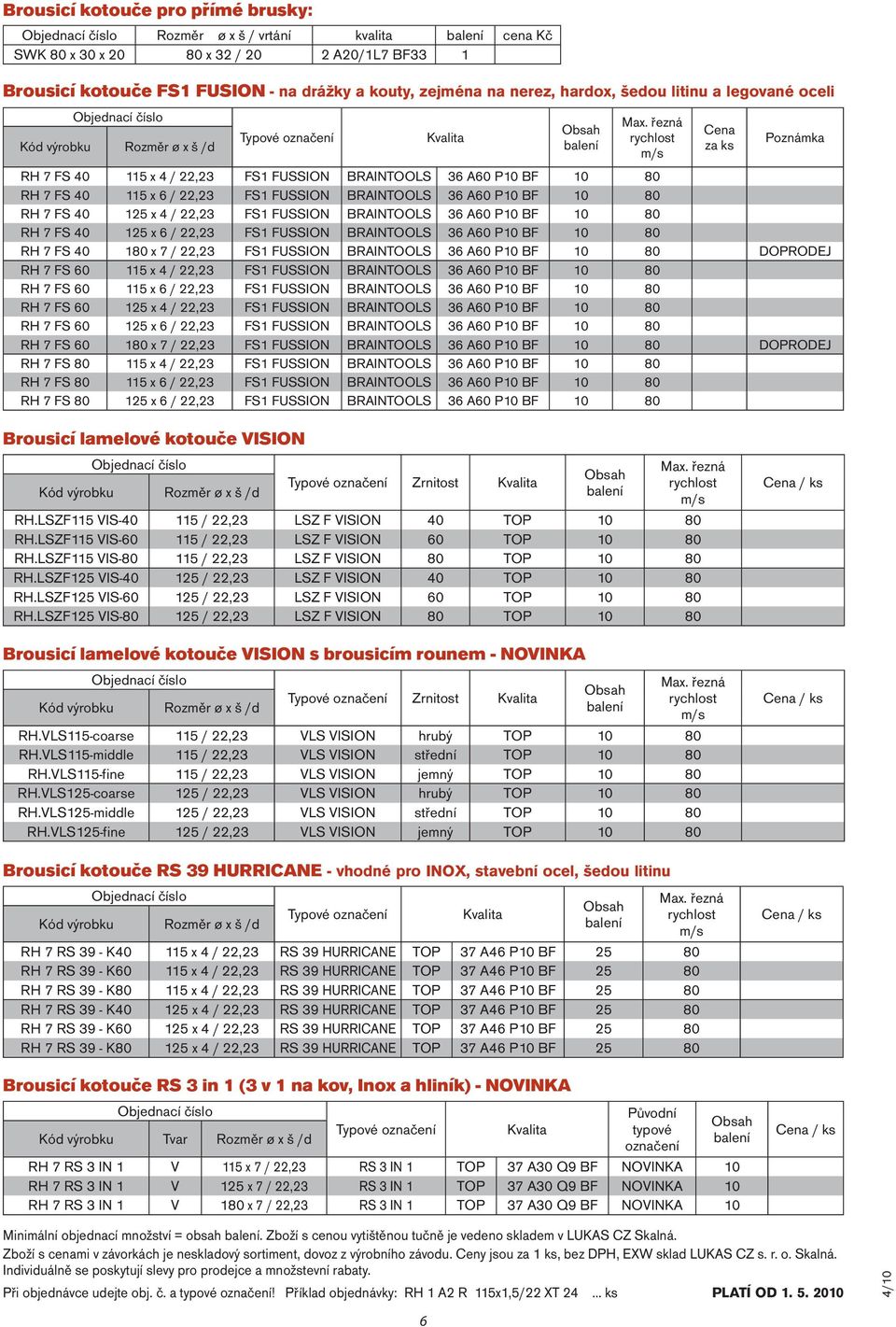 řezná rychlost m/s Cena za ks RH 7 FS 40 115 x 4 / 22,23 FS1 FUSSION BRAINTOOLS 36 A60 P10 BF 10 80 RH 7 FS 40 115 x 6 / 22,23 FS1 FUSSION BRAINTOOLS 36 A60 P10 BF 10 80 RH 7 FS 40 125 x 4 / 22,23