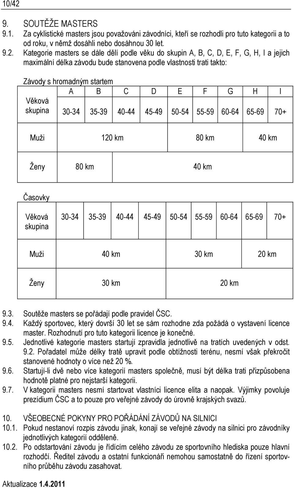 Kategorie masters se dále dělí podle věku do skupin A, B, C, D, E, F, G, H, I a jejich maximální délka závodu bude stanovena podle vlastnosti trati takto: Závody s hromadným startem A B C D E F G H I