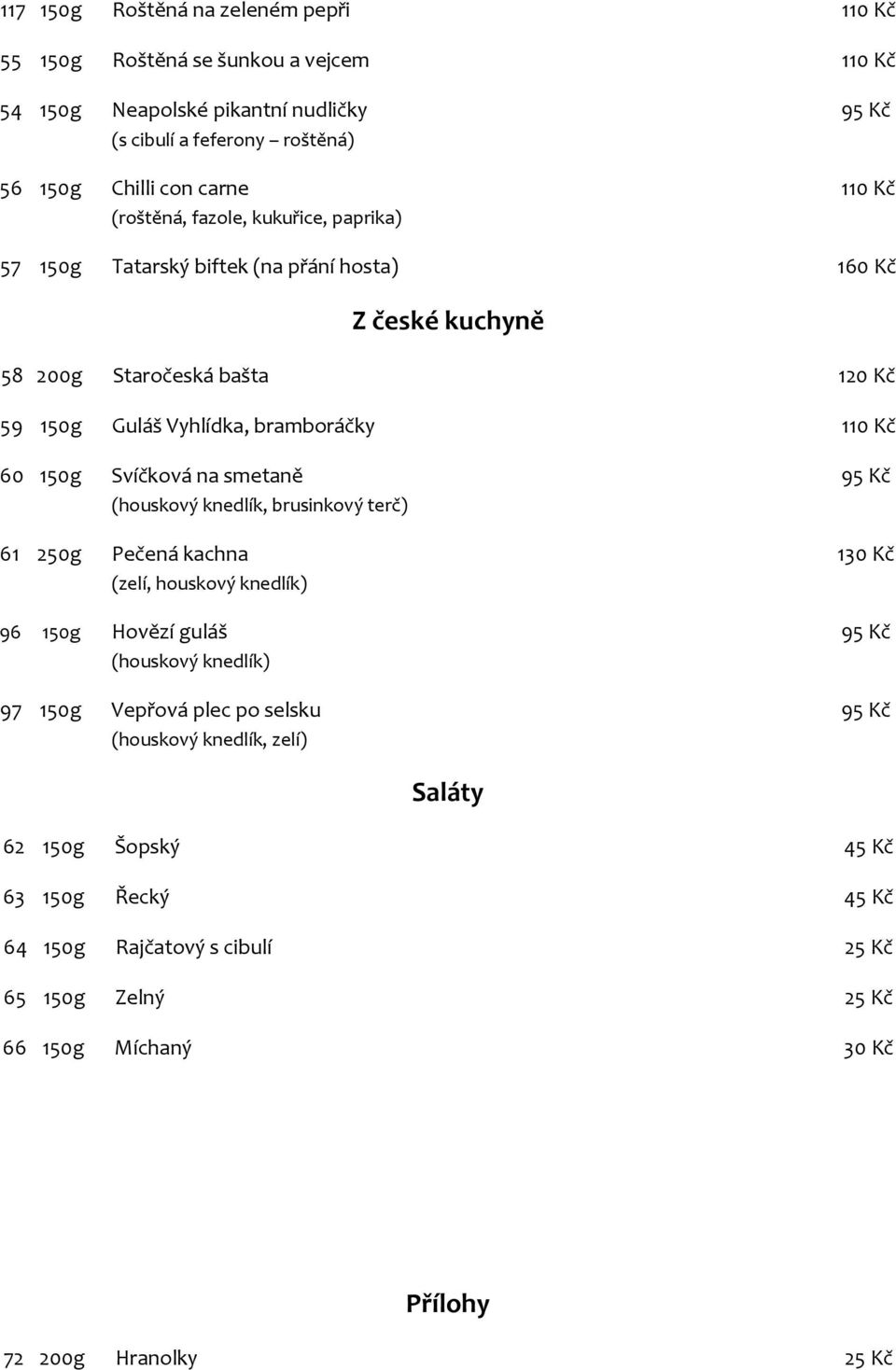Svíčková na smetaně 95 Kč (houskový knedlík, brusinkový terč) 61 250g Pečená kachna 130 Kč (zelí, houskový knedlík) 96 150g Hovězí guláš 95 Kč (houskový knedlík) 97 150g Vepřová plec po