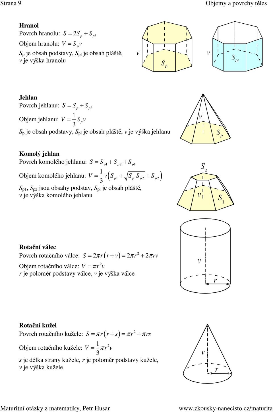 podst, S pl je obsh pláště, je ýšk komolého jehlnu Objem komolého jehlnu: ( p p p p ) S S Rotční álec S = π + = π + π Poch otčního álce: ( ) Objem otčního álce: V = π je