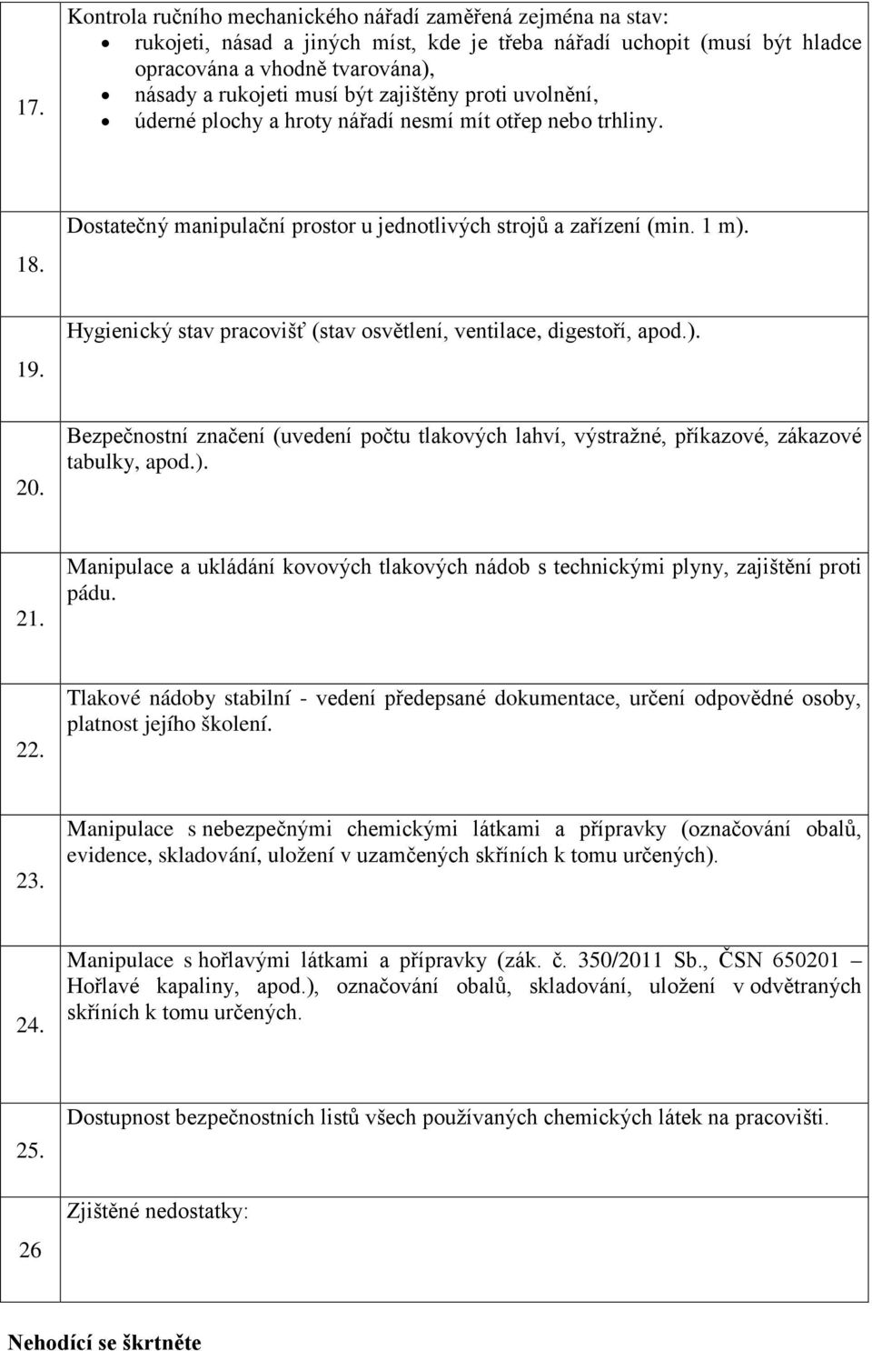 Hygienický stav pracovišť (stav osvětlení, ventilace, digestoří, apod.). 20. Bezpečnostní značení (uvedení počtu tlakových lahví, výstražné, příkazové, zákazové tabulky, apod.). 21.