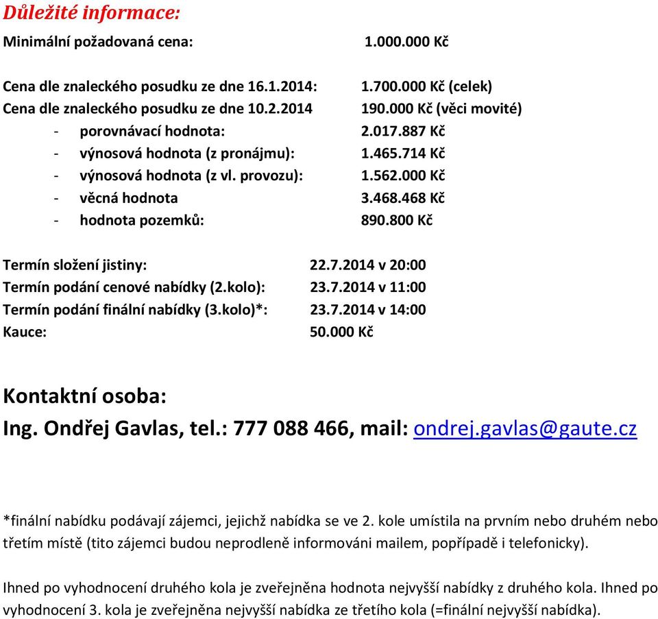 468 Kč - hodnota pozemků: 890.800 Kč Termín složení jistiny: 22.7.2014 v 20:00 Termín podání cenové nabídky (2.kolo): 23.7.2014 v 11:00 Termín podání finální nabídky (3.kolo)*: 23.7.2014 v 14:00 Kauce: 50.