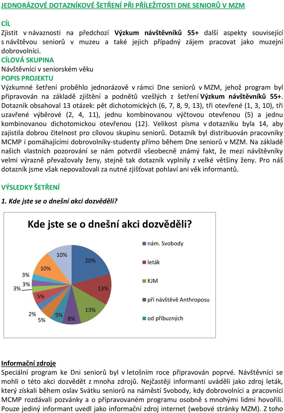 CÍLOVÁ SKUPINA Návštěvníci v seniorském věku POPIS PROJEKTU Výzkumné šetření proběhlo jednorázově v rámci D seniorů v MZM, jehož program byl připravován na základě zjištění a podnětů vzešlých z