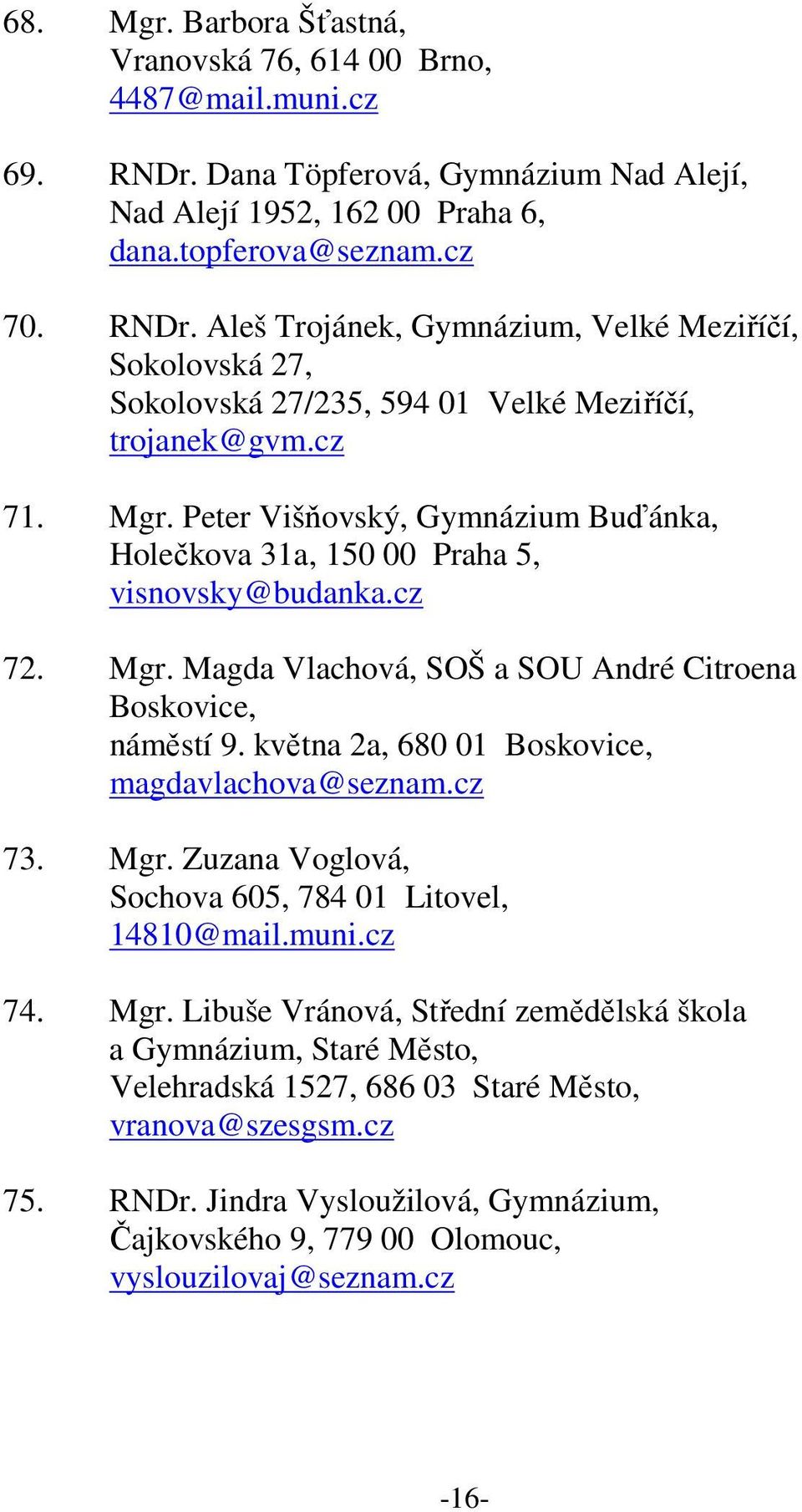 května 2a, 680 01 Boskovice, magdavlachova@seznam.cz 73. Mgr. Zuzana Voglová, Sochova 605, 784 01 Litovel, 14810@mail.muni.cz 74. Mgr. Libuše Vránová, Střední zemědělská škola a Gymnázium, Staré Město, Velehradská 1527, 686 03 Staré Město, vranova@szesgsm.