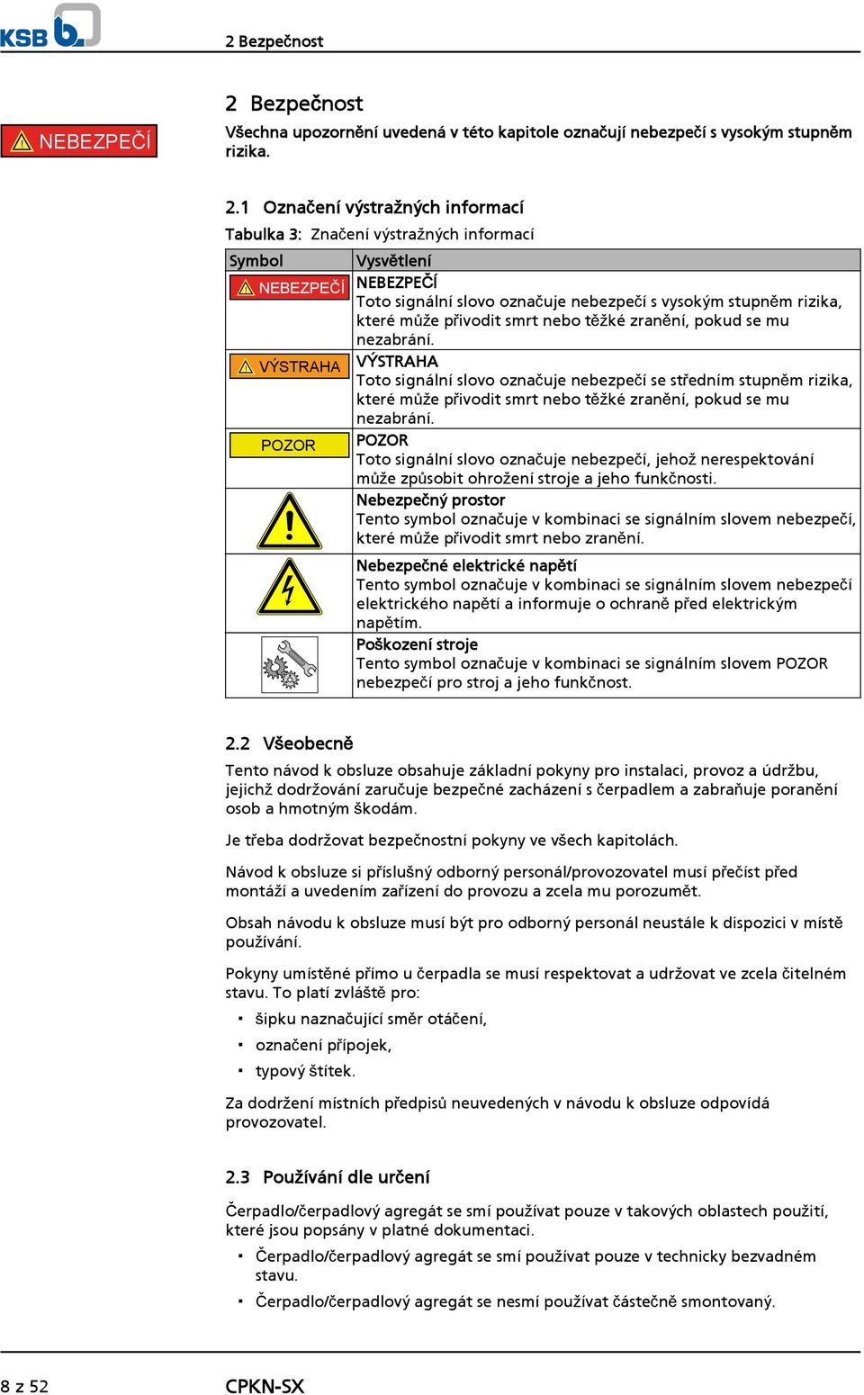 ! VÝSTRAHA VÝSTRAHA Toto signální slovo označuje nebezpečí se středním stupněm rizika, které může přivodit smrt nebo těžké zranění, pokud se mu nezabrání.