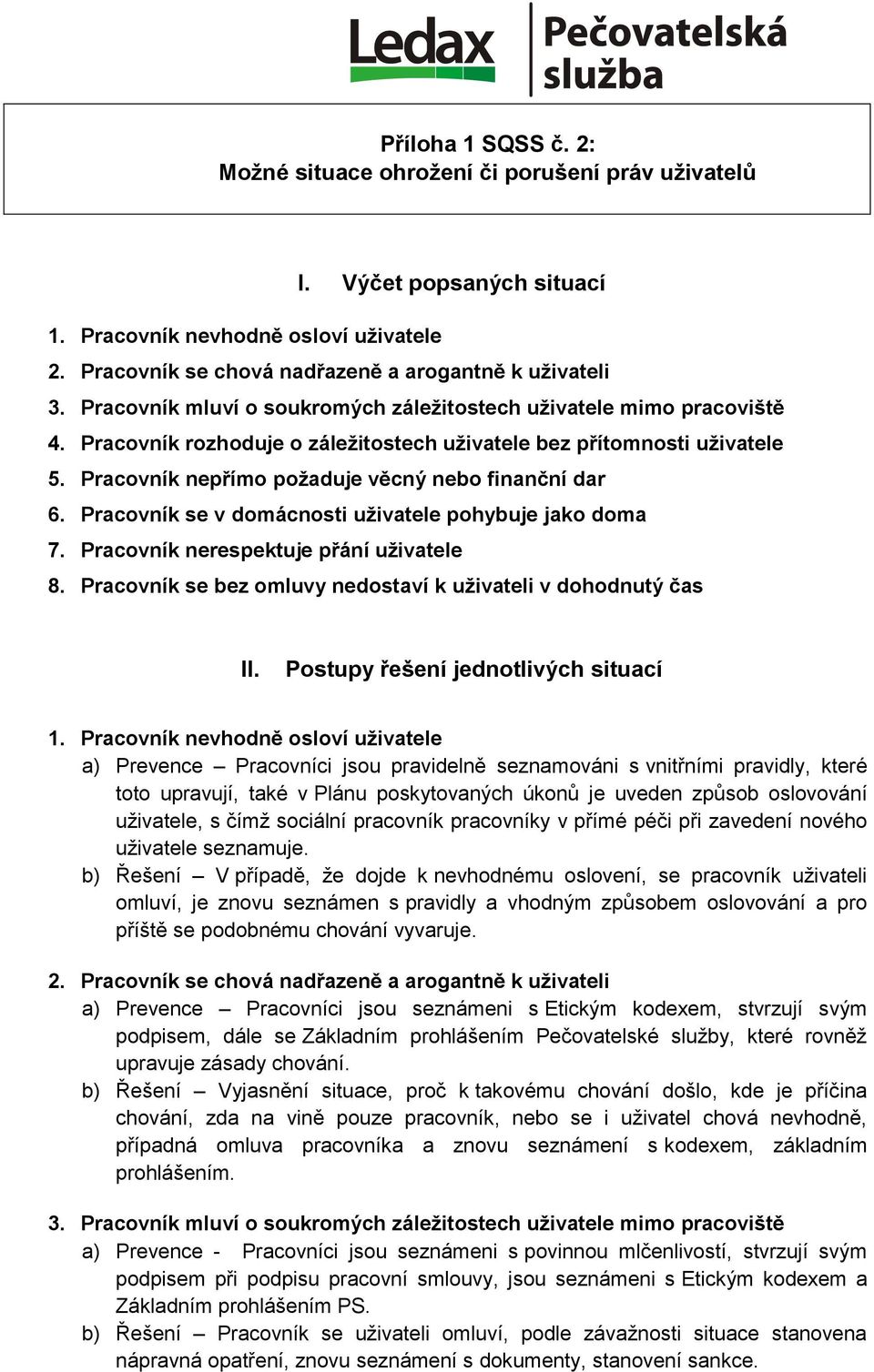 Pracovník se v domácnosti uživatele pohybuje jako doma 7. Pracovník nerespektuje přání uživatele 8. Pracovník se bez omluvy nedostaví k uživateli v dohodnutý čas II.