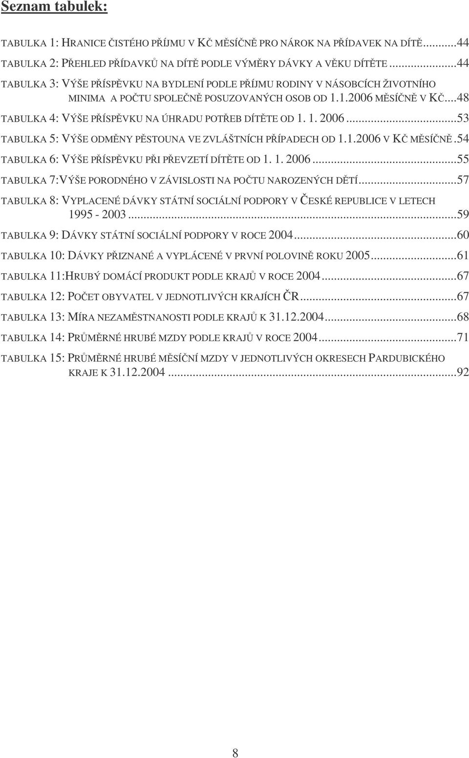 ..53 TABULKA 5: VÝŠE ODMNY PSTOUNA VE ZVLÁŠTNÍCH PÍPADECH OD 1.1.2006 V K MSÍN.54 TABULKA 6: VÝŠE PÍSPVKU PI PEVZETÍ DÍTTE OD 1. 1. 2006.