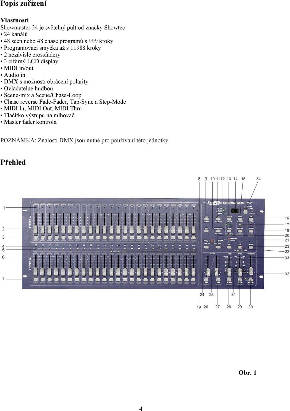 display MIDI in/out Audio in DMX s možností obrácení polarity Ovladatelné hudbou Scene-mix a Scene/Chase-Loop Chase reverse