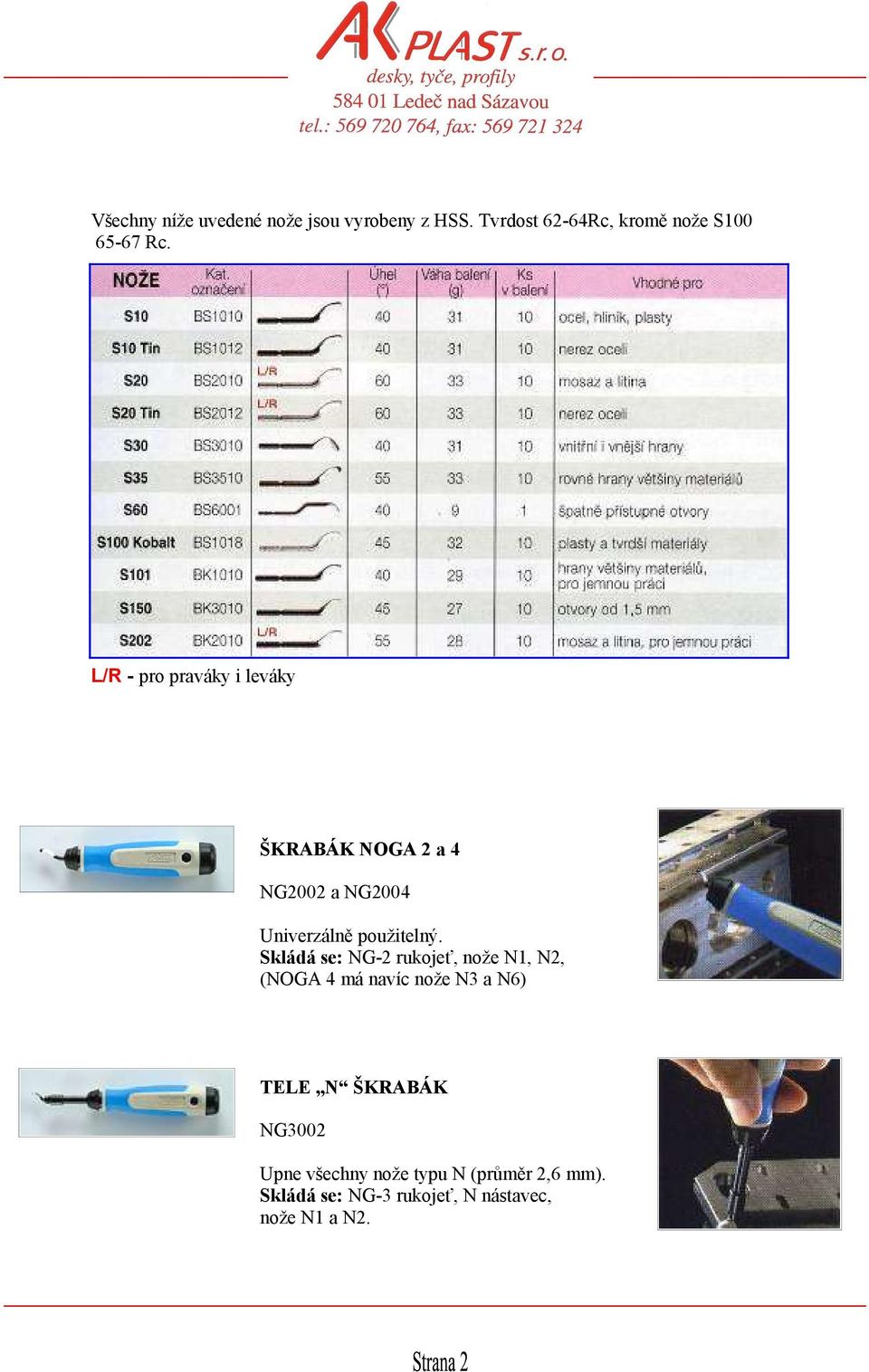 Skládá se: NG-2 rukojeť, nože N1, N2, (NOGA 4 má navíc nože N3 a N6) TELE N ŠKRABÁK