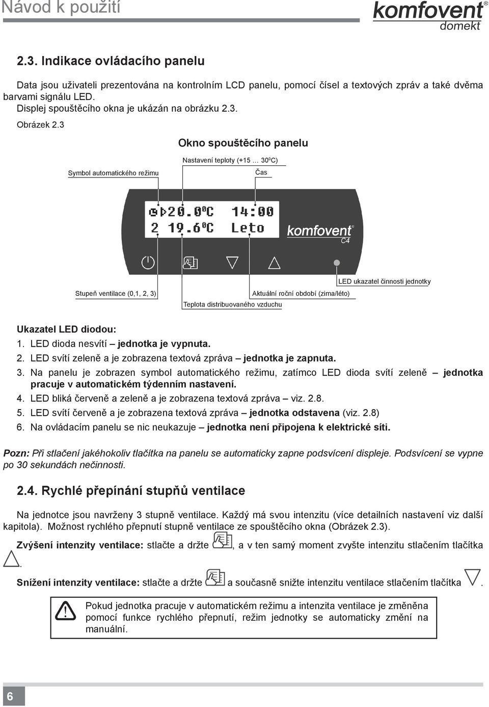 3 Okno spouštěcího panelu Nastavení teploty (+15 30 0 C) Symbol automatického režimu Čas Stupeň ventilace (0,1, 2, 3) LED ukazatel činnosti jednotky Aktuální roční období (zima/léto) Teplota