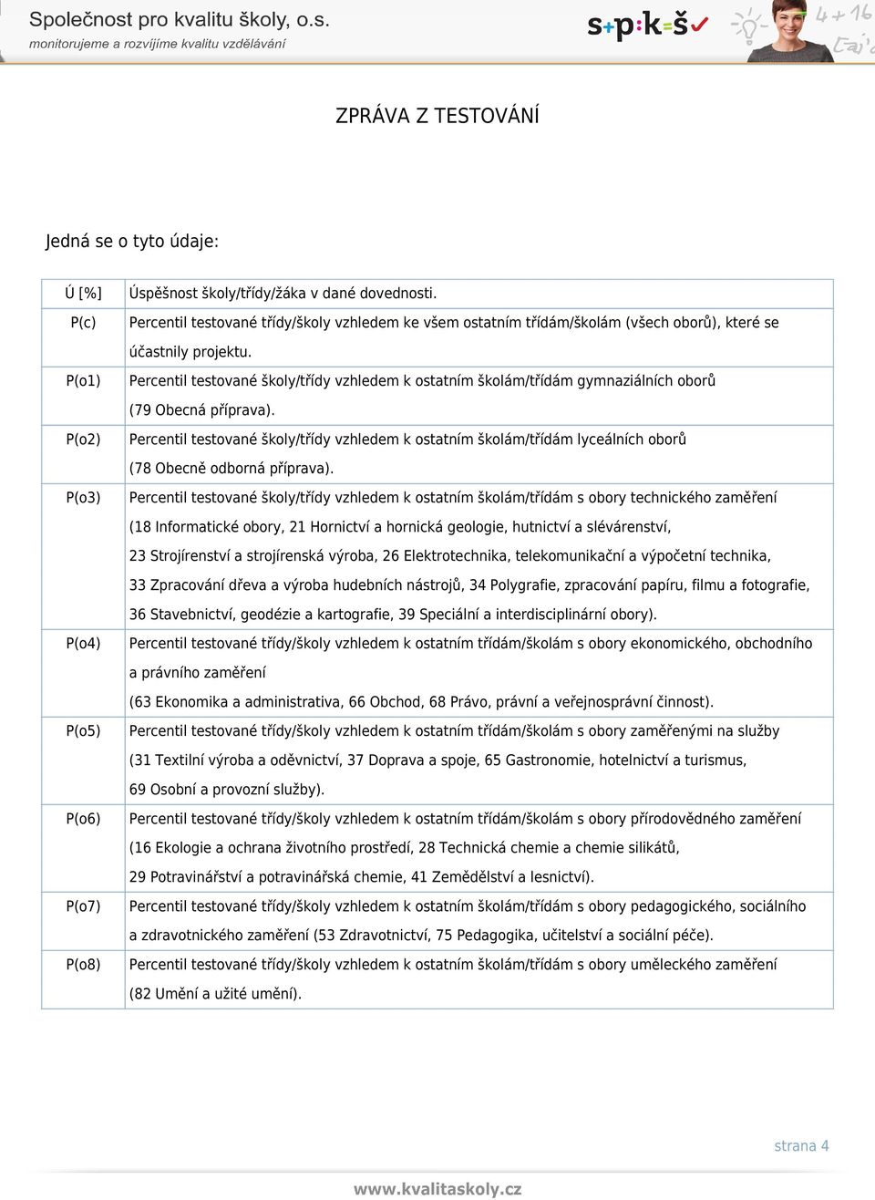 P(o2) Percentil testované školy/třídy vzhledem k ostatním školám/třídám lyceálních oborů (78 Obecně odborná příprava).