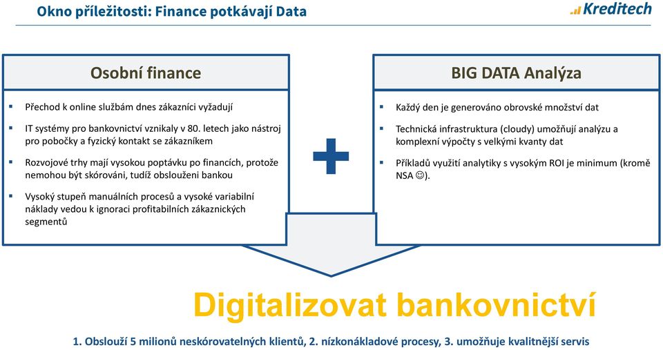 procesů a vysoké variabilní náklady vedou k ignoraci profitabilních zákaznických segmentů + Každý den je generováno obrovské množství dat Technická infrastruktura (cloudy) umožňují analýzu a