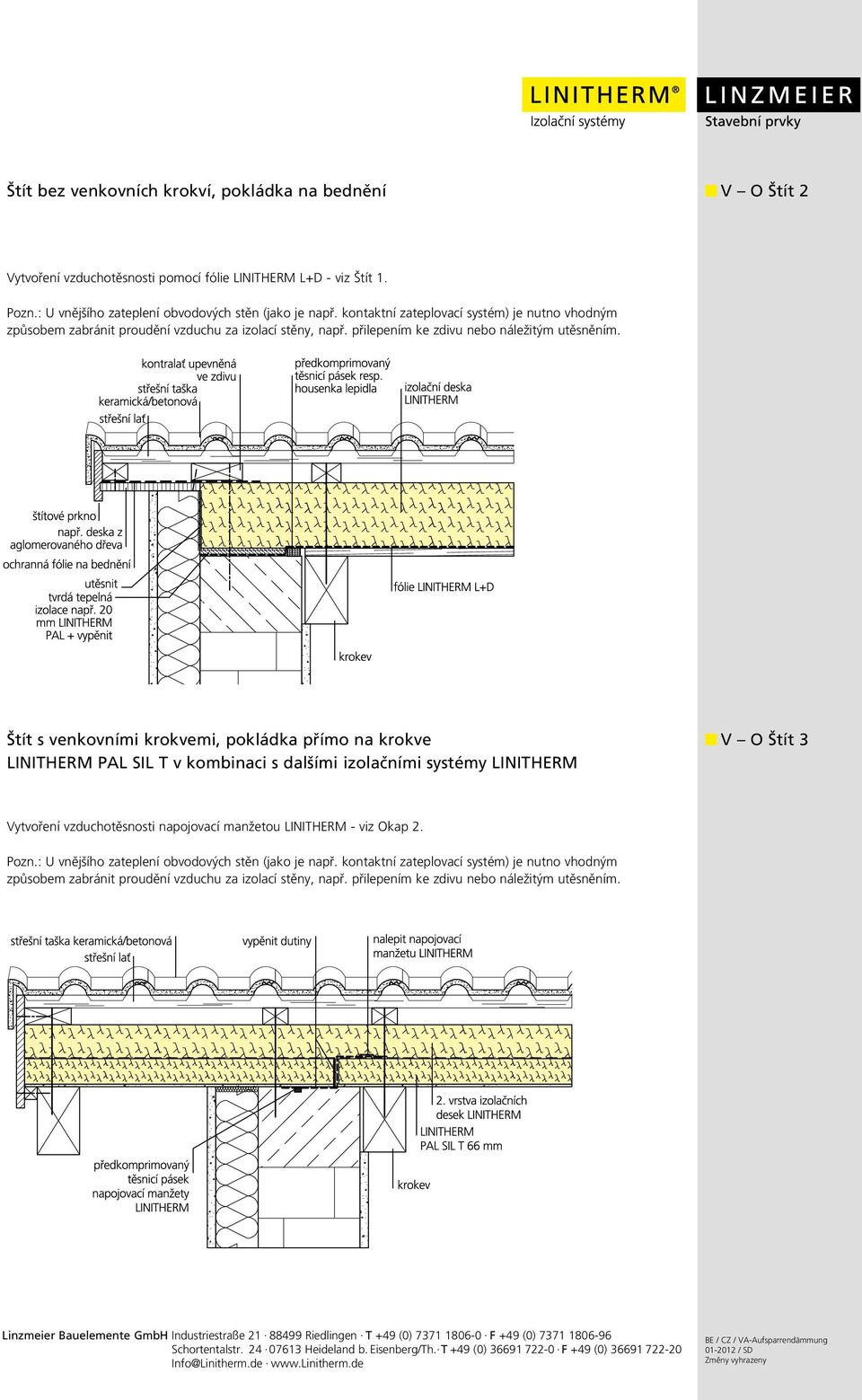 Štít s venkovními krokvemi, pokládka přímo na krokve LINITHERM PAL SIL T v kombinaci s dalšími izolačními systémy LINITHERM V O Štít 3 Vytvoření vzduchotěsnosti napojovací manžetou